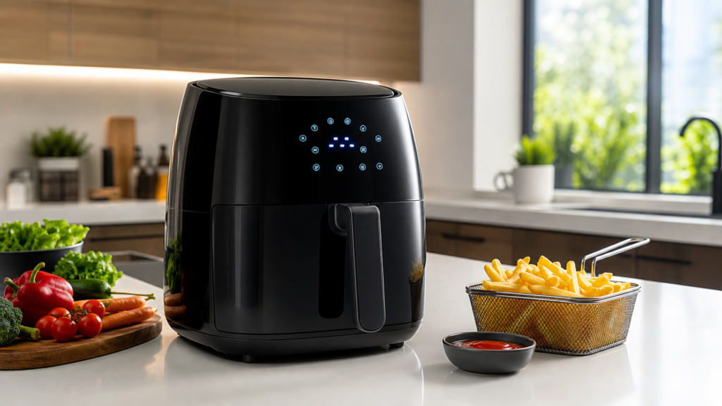Air fryer preta moderna com painel digital sobre bancada de cozinha minimalista, com legumes frescos ao lado