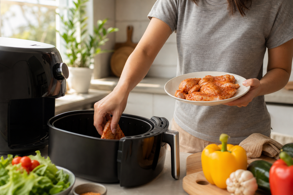 Pessoa colocando frango temperado na cesta da air fryer em cozinha moderna, preparo rápido e saudável