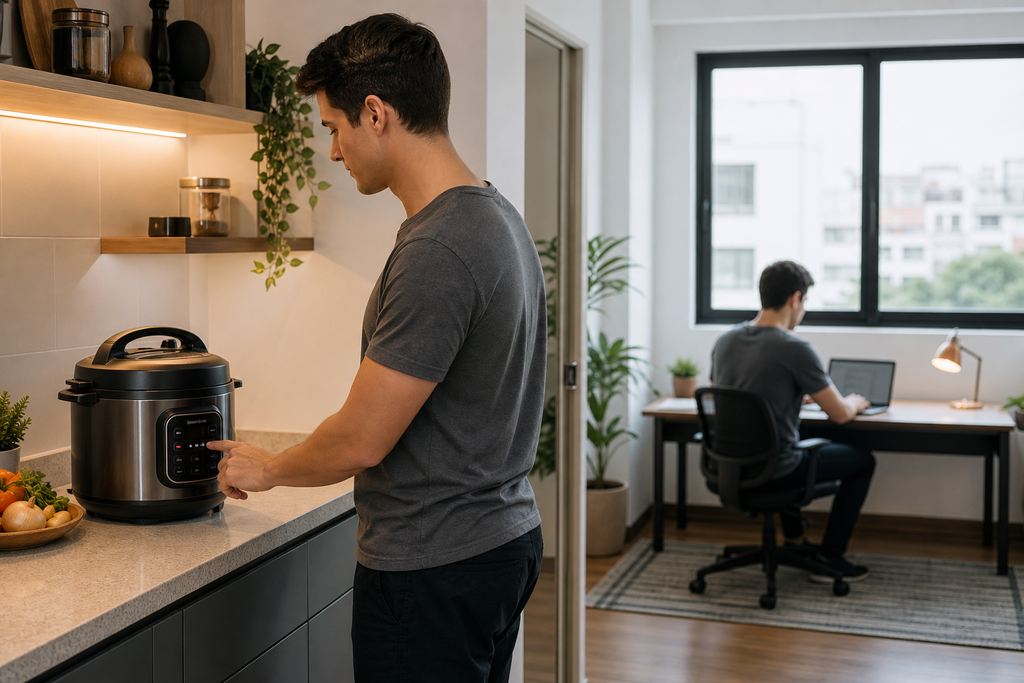 Jovem em cozinha compacta programando panela elétrica e indo trabalhar no notebook, conceito setar e esquecer