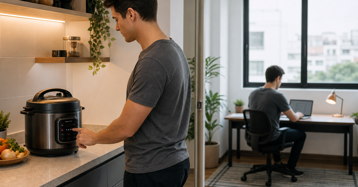 Jovem em cozinha compacta programando panela elétrica e indo trabalhar no notebook, conceito setar e esquecer