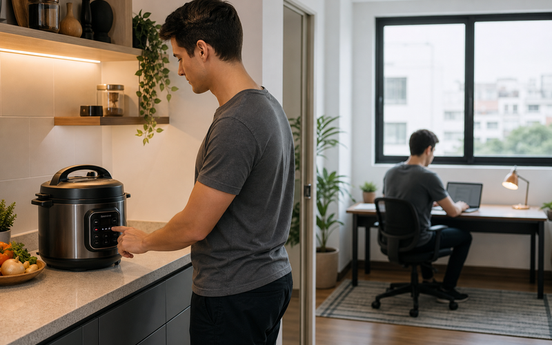 Jovem em cozinha compacta programando panela elétrica e indo trabalhar no notebook, conceito setar e esquecer