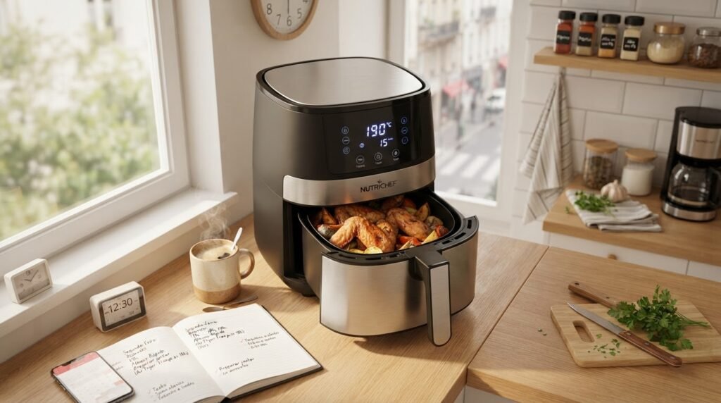 Eletroportáteis de cozinha prática sobre a bancada: air fryer, panela elétrica e cafeteira para quem não tem tempo de cozinhar
